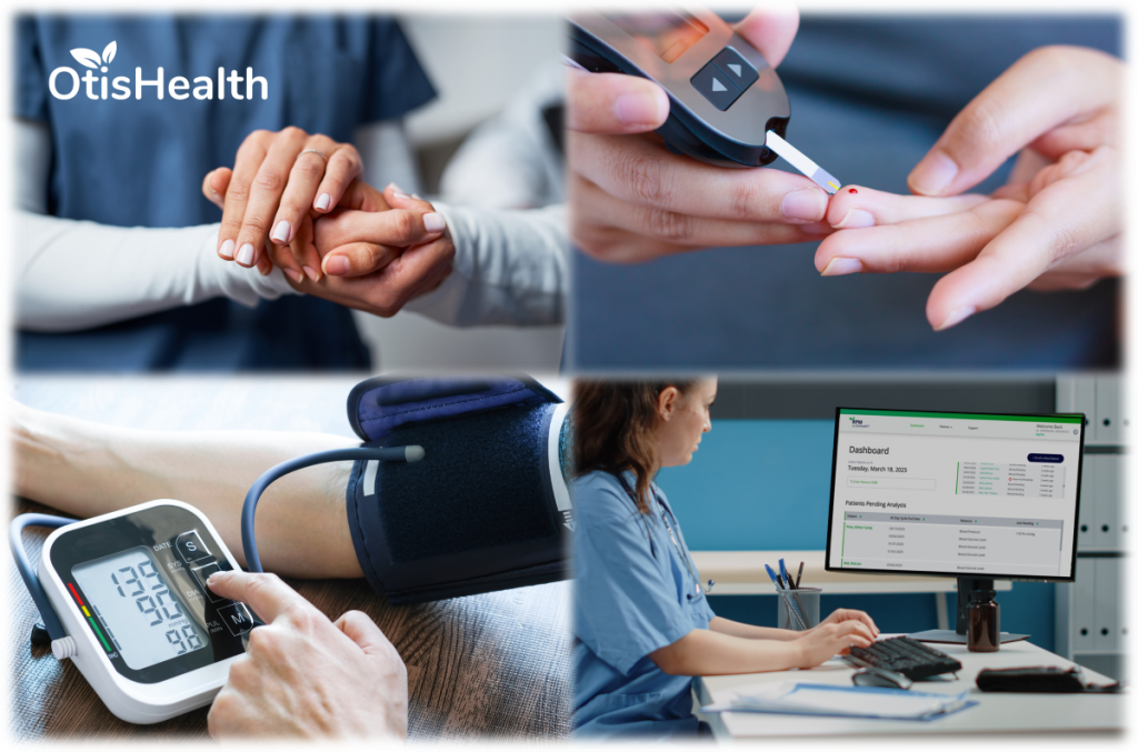 Caregiver holding patient's hand; person testing their blood glucose; person checking their blood pressure; clinician reviewing a dashboard.